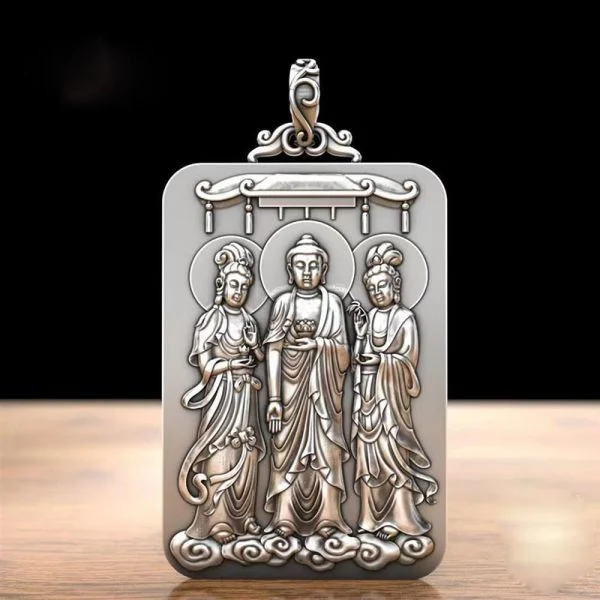 Sterling Silver Three Western Saints Buddha Pendant Necklace