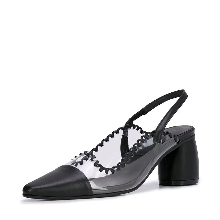Black Clear Slingback Block Heels Almond Toe Pumps |FSJ Shoes