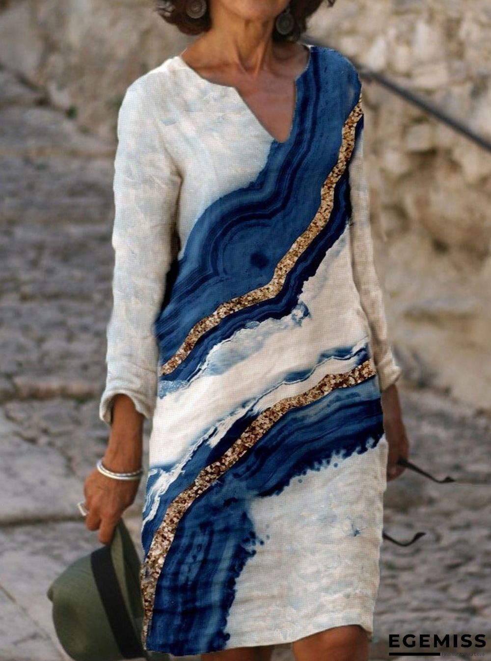 Colorblock Printed Long Sleeve Casual V-neck Shift Dress | EGEMISS