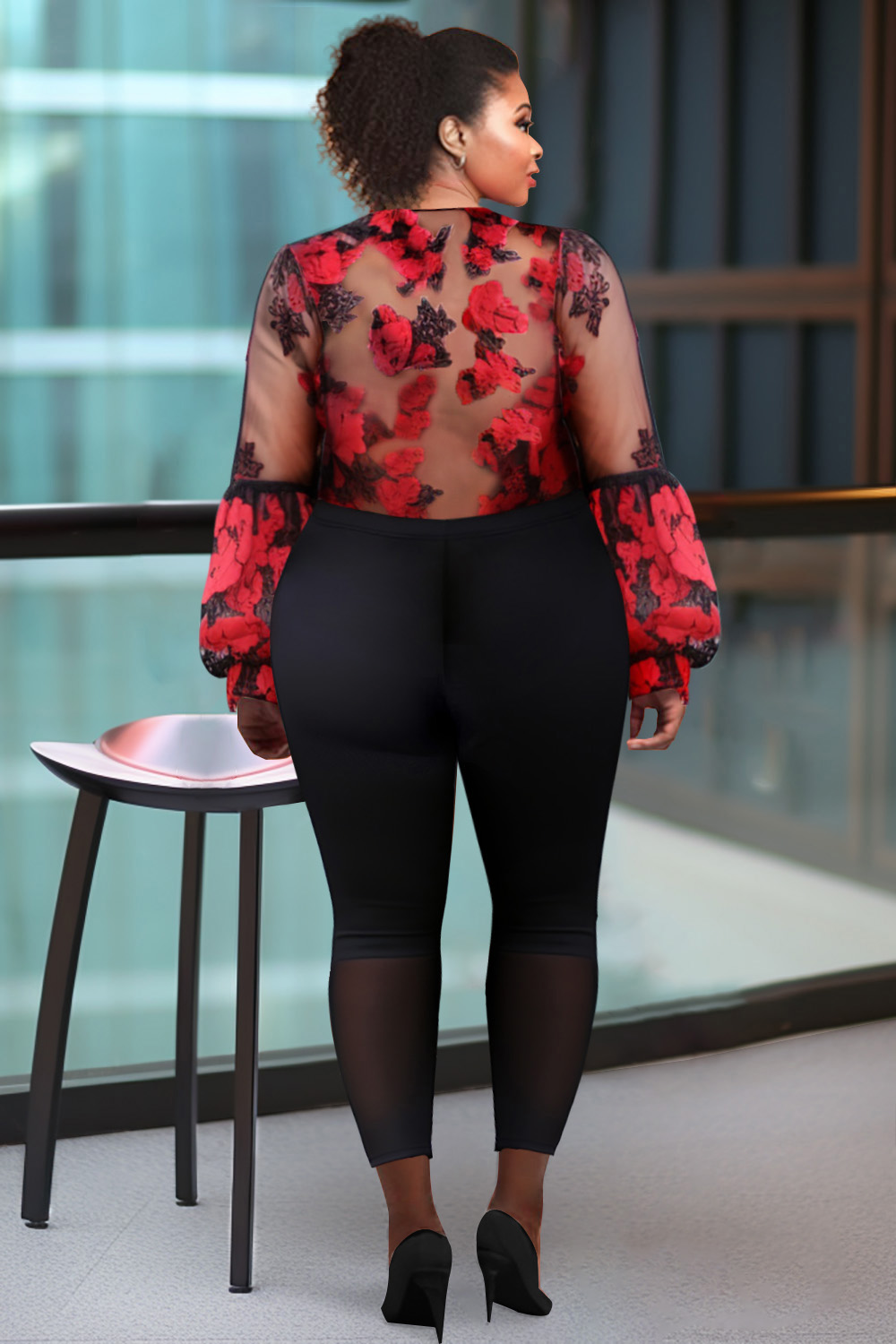 Design Plus Size Semi Formal Red All Over Print Spring Summer Lantern Sleeve Long Sleeve See Through Mesh Blouses [Pre-Order]