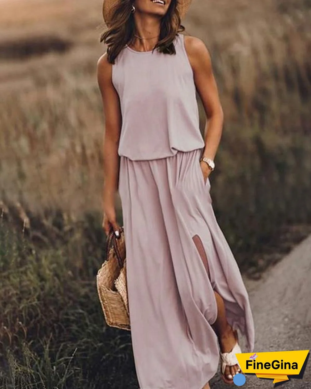 Solid Sleeveless Round Neck Holiday Daily Fashion Maxi Dresses