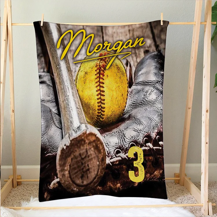 Personalized Softball Blanket, Ball & Glove Soft Cozy Blanket |BKKid316