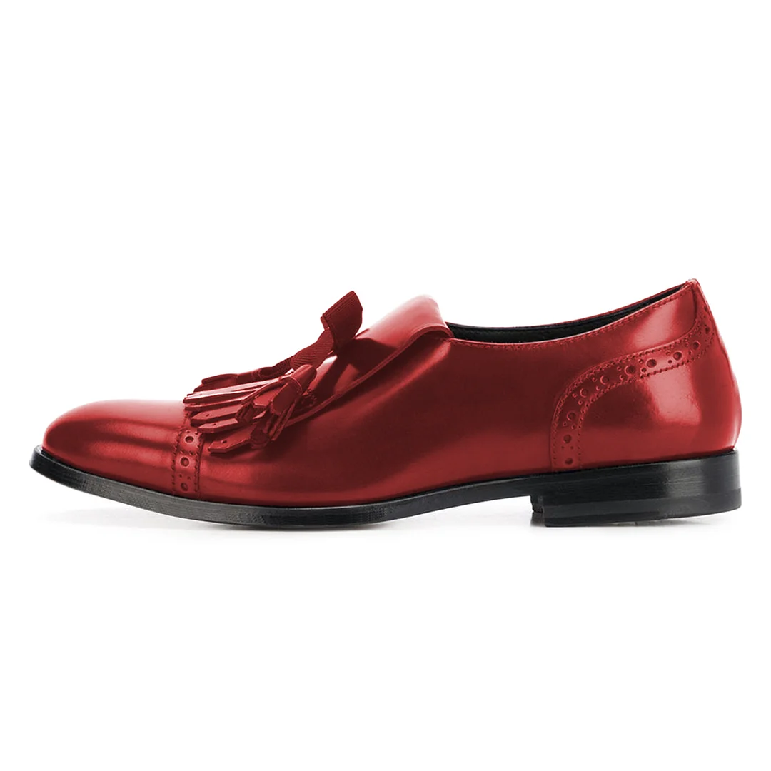 Women's Metallic Finish Round Toe Fringe Decor Loafer Shoes in Red