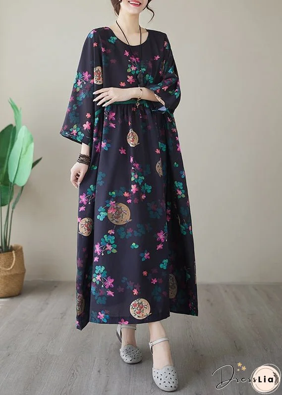 Vintage Navy Print Maxi Dresses Long Sleeve