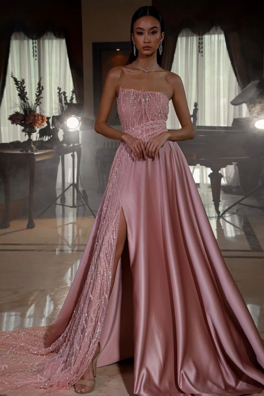 Pink Strapless Sleeveless Sequins A-Line Prom Dress With Split ED0065