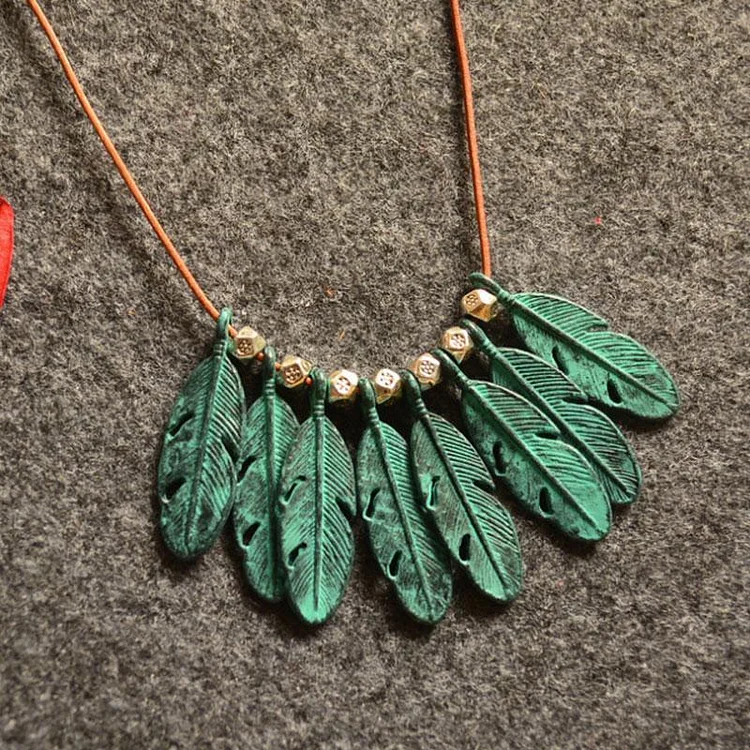 Ethnic Green Feather Tassel Pendant Necklace