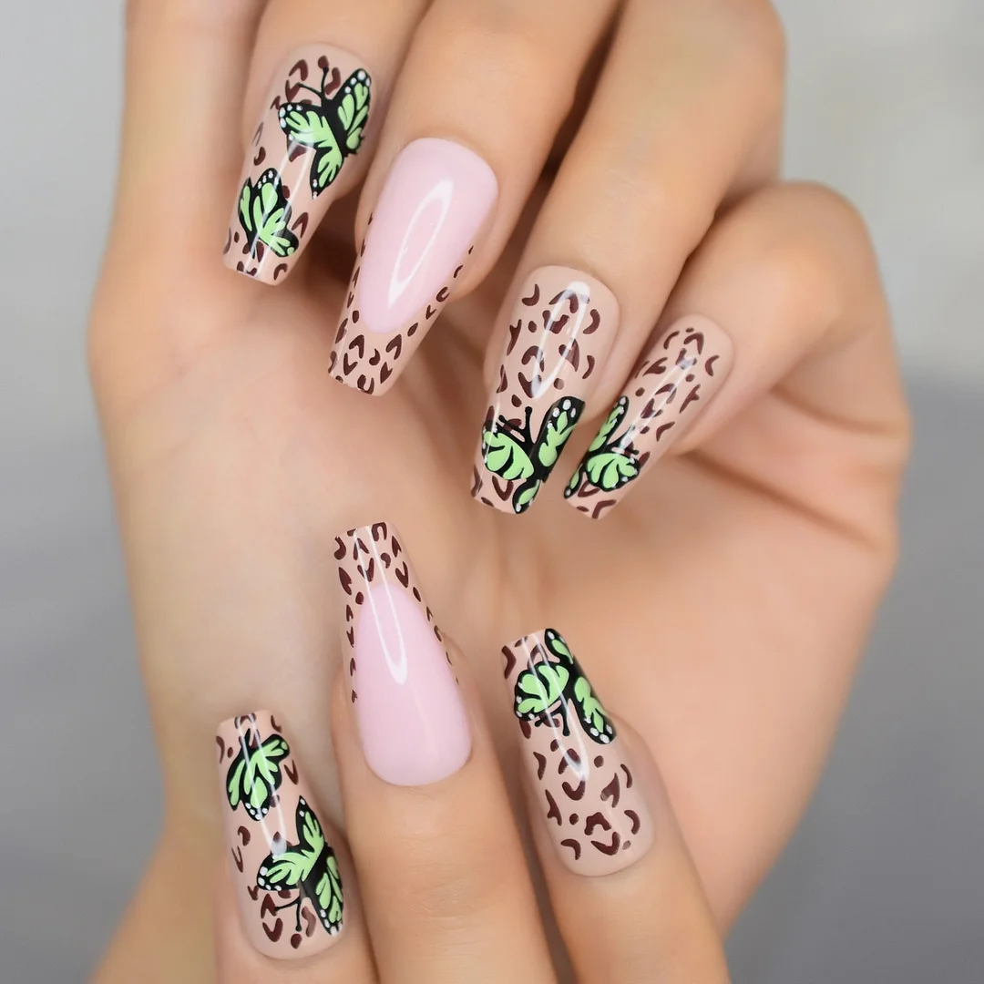 Leopard Fake Nails Butterfly 2021 Press On Nails Fake Nails With Designs Medium False Nail Coffin Tips Trendy Fingernails Charms