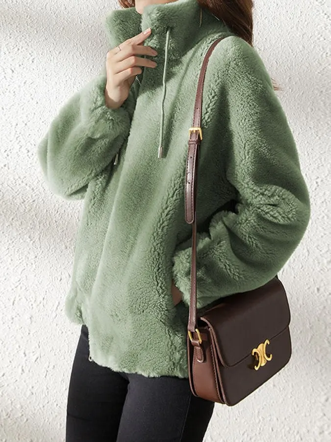 Casual Solid Fleece Stand Collar Zip Coat