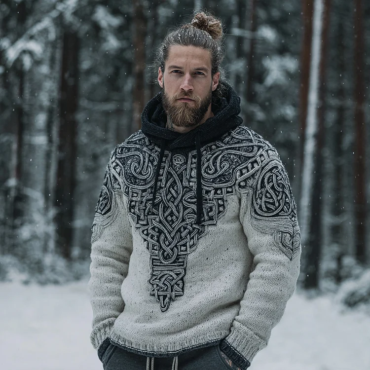 Men's Retro Viking Celtic Knot Pattern Hooded Knit Sweater