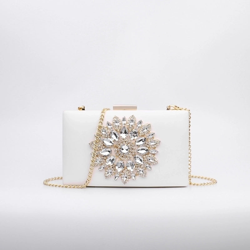 White Red Black Pu Leather Flower Rhinestone Square Evening Bags
