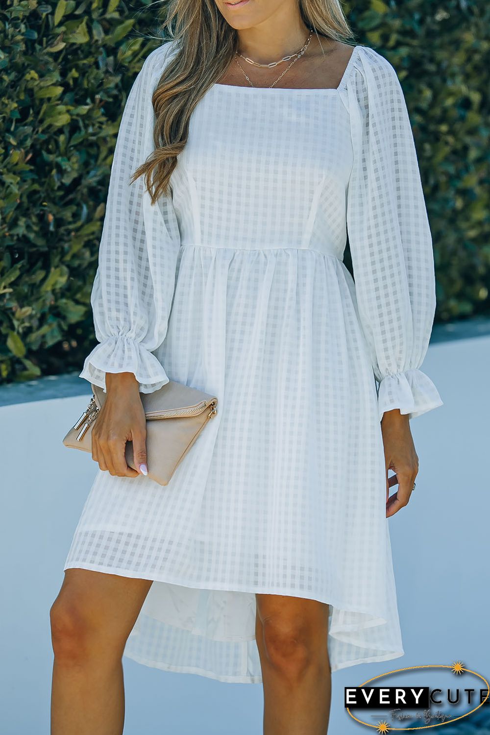 White Square Neck Smocked Back A-line Dress
