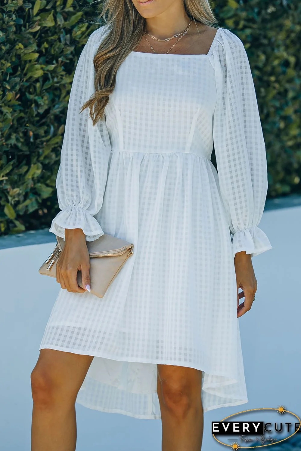 White Square Neck Smocked Back A-line Dress