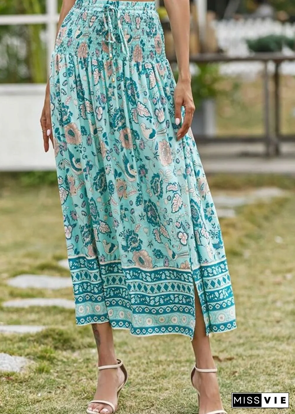 Boho Skirts in Smocked Waist, Bird Garden in Blue For Women