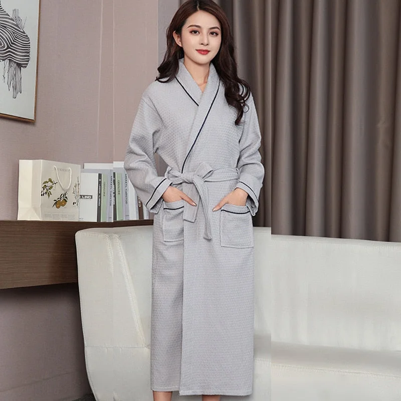 Knitted Waffle Cotton Bathrobe Sexy Kimono Robe Unisex Men Women Couple Robes 5 Star Hotel Bathrobe Nightwear Plus Size