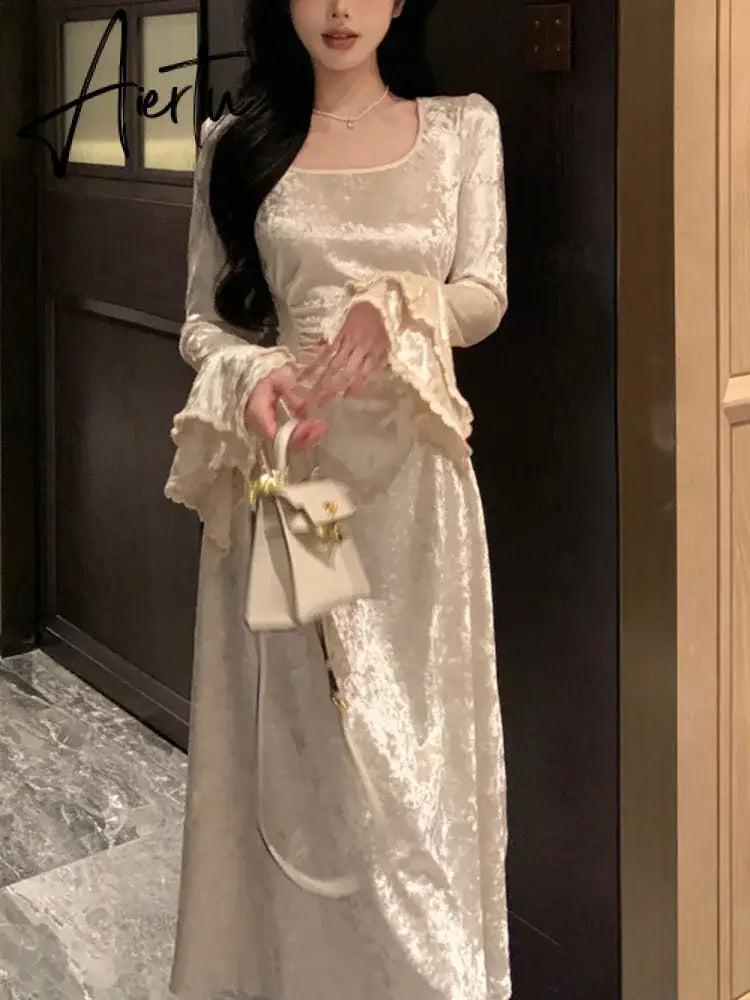 Aiertu French Vintage Dress Women Summer Long Sleeve Elegant Party Midi Dress Female Casual Retro One Piece Dress Casual Aiertu