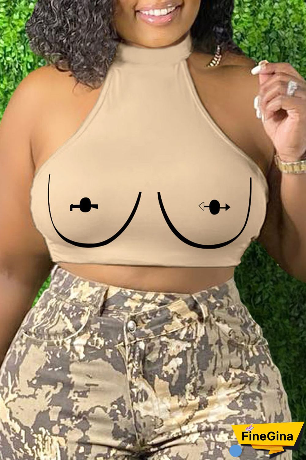 Brick Red Sexy Print Patchwork O Neck Tops