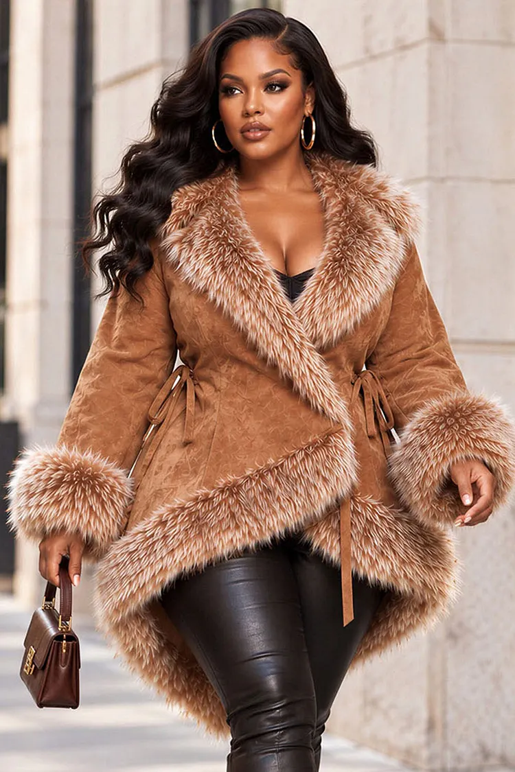 Xpluswear Design Plus Size Business Casual Brown Turndown Collar Long Sleeve Trimmings Asymmetric Hem Irregular Hem Chamois Coat [Pre-Order] 2024 - Xpluswear