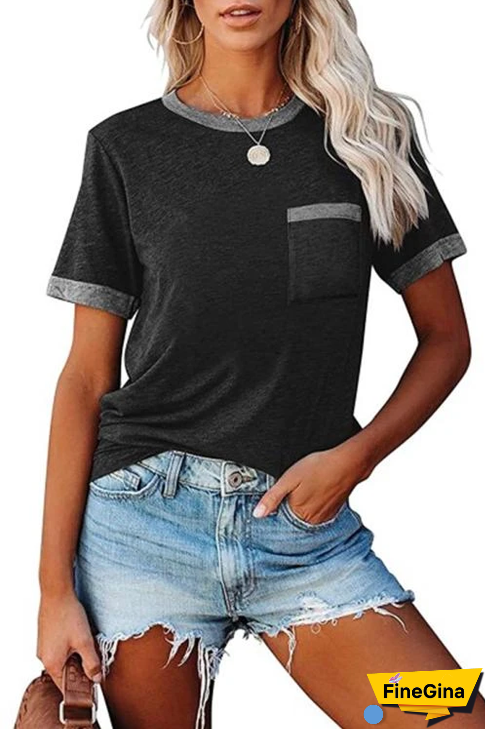 KarliDress Contrast Pocket Short Sleeve T-Shirt P12482