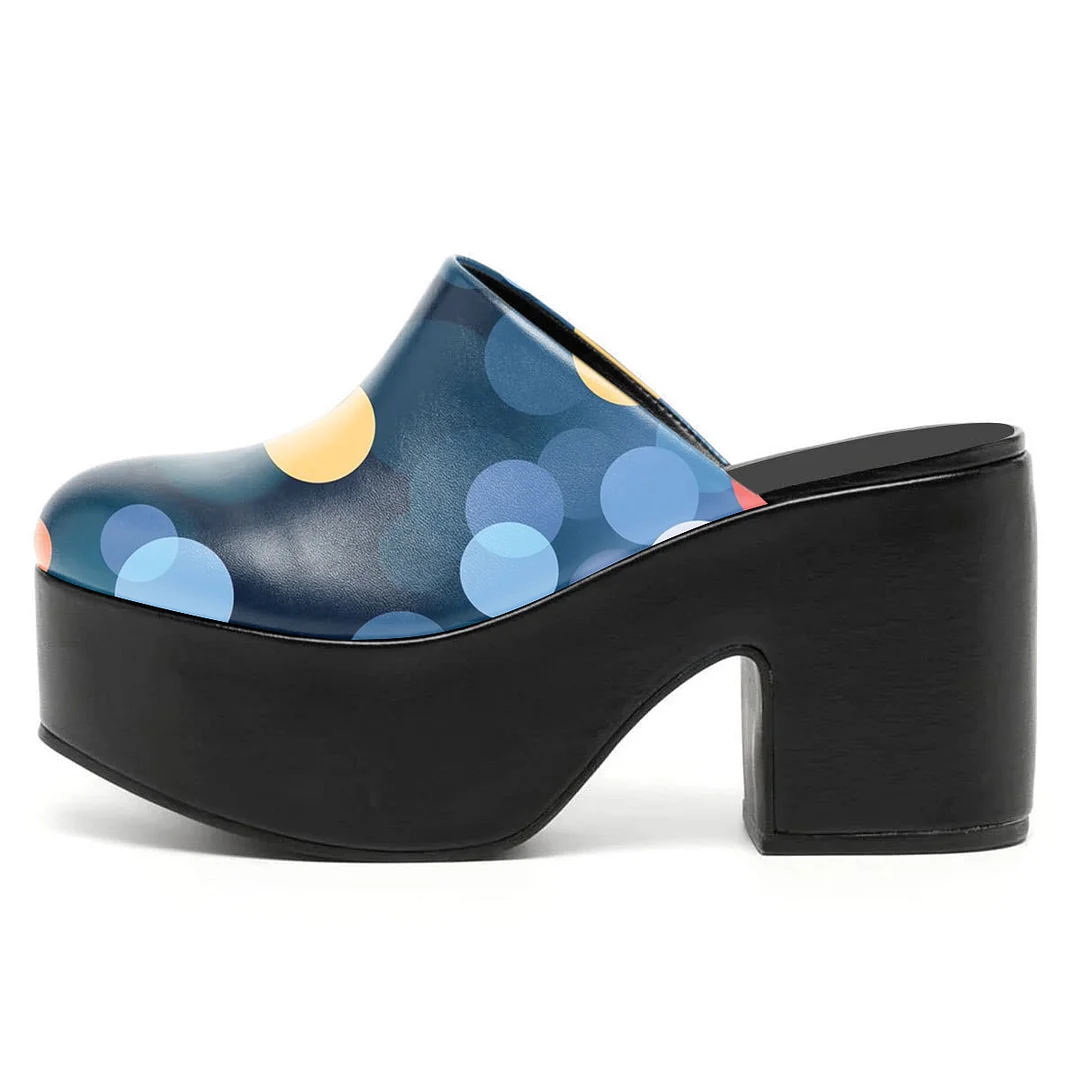 Colorful Round Toe Polka Dots Platform Block Heel Mules for Women