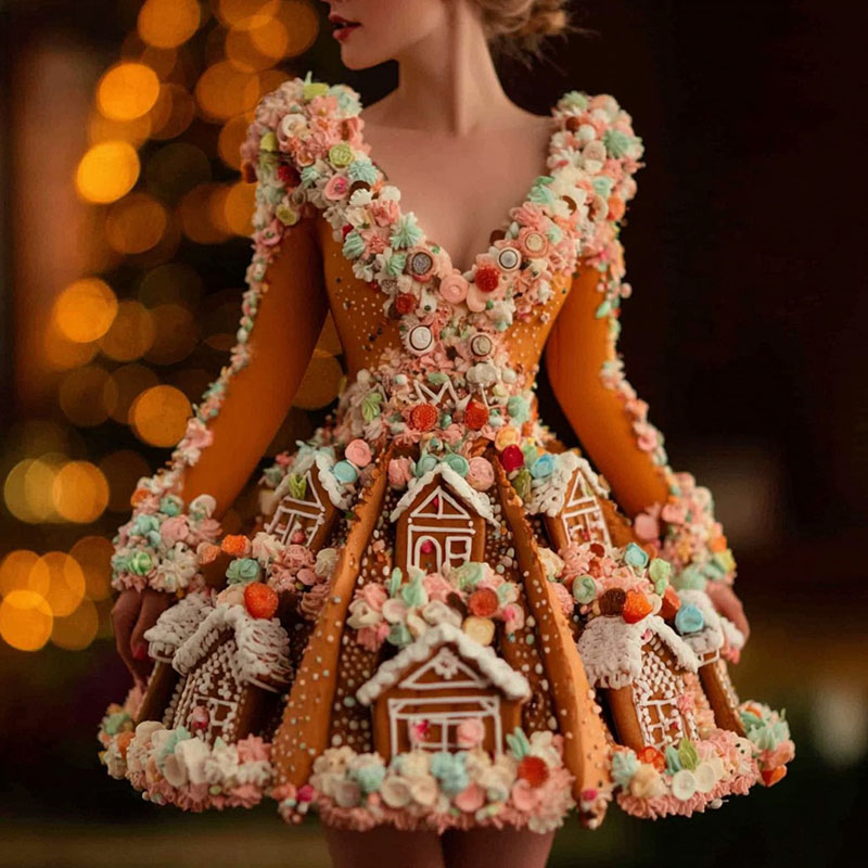 Women's Christmas Cottage Themed Pattern V-neck Dress elevenforest