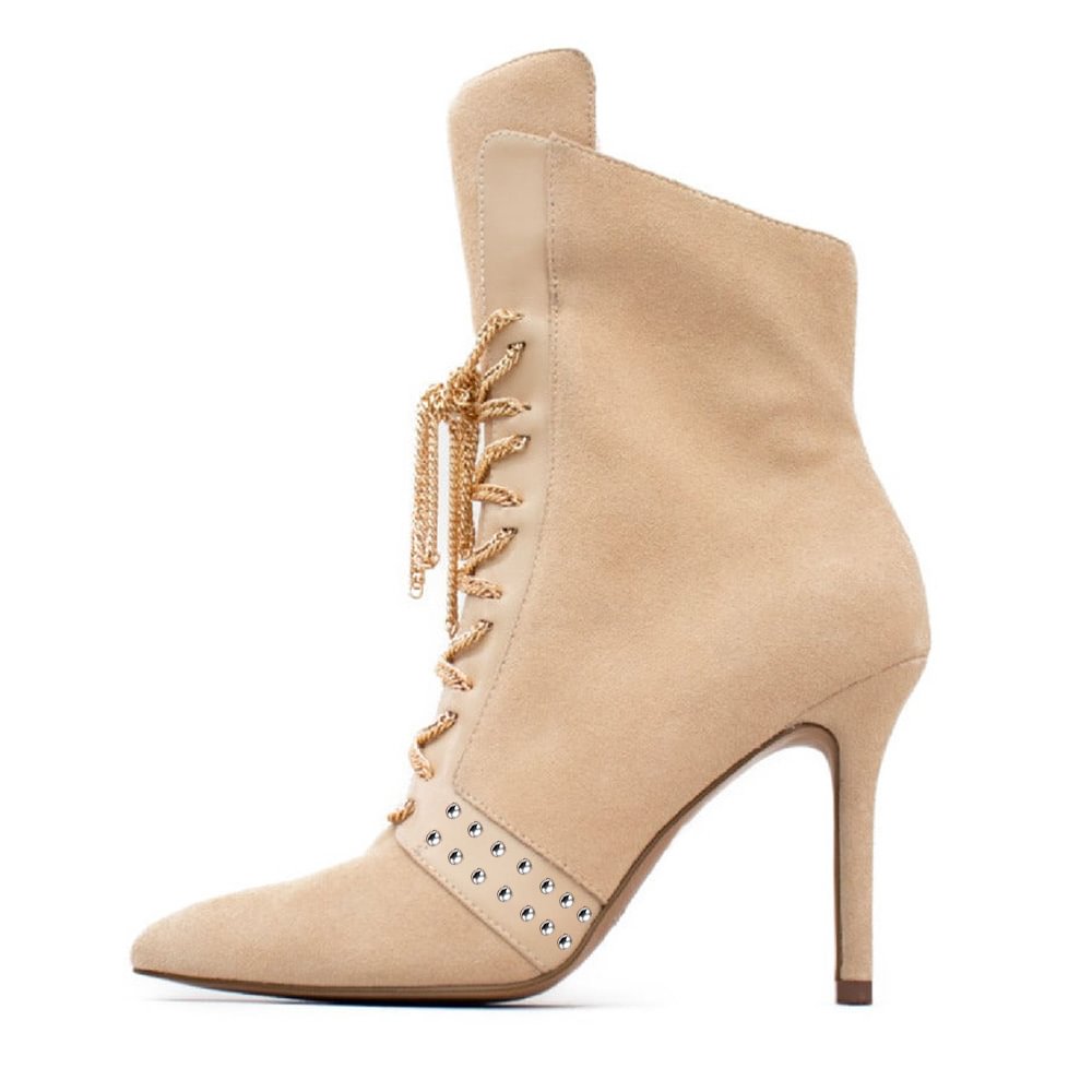 Nude Suede Leather Booties Lace Up Strap Stiletto Booties Nicepairs