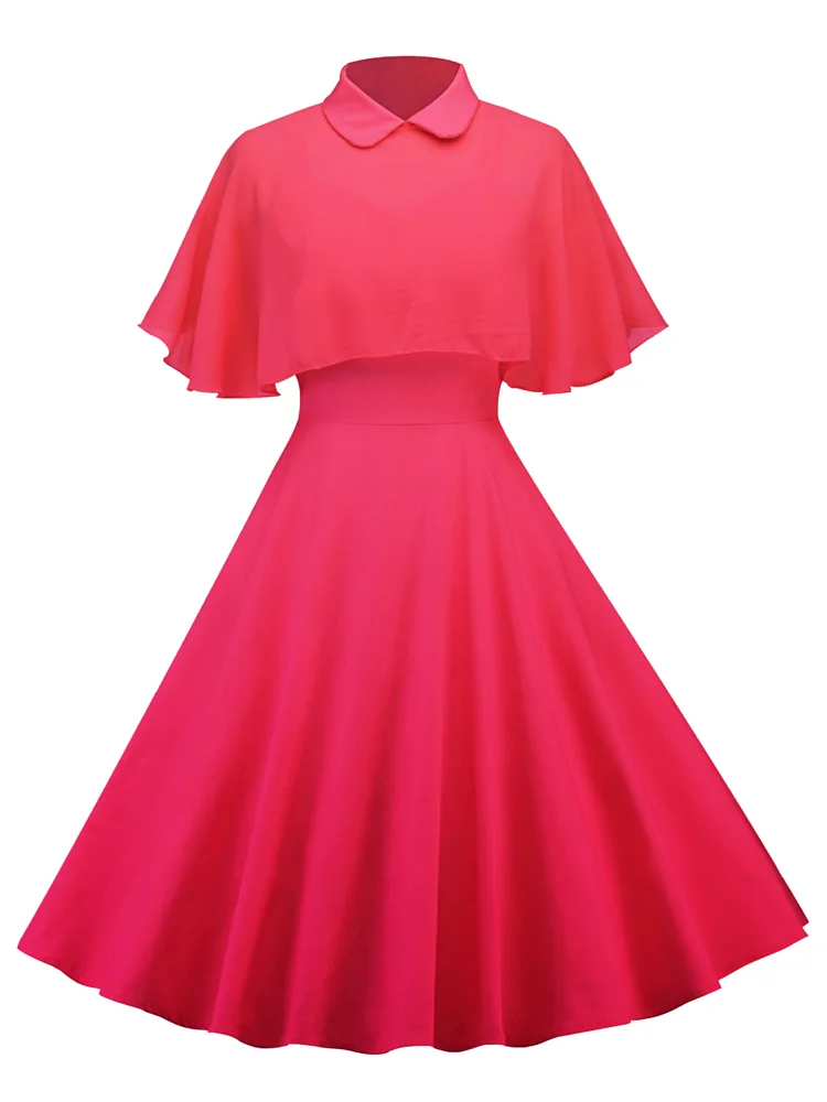 Turn Down Collar Chiffon Cape Vintage Two Piece Dress Women 50S Elegant Party Wear Summer A Line Midi Swing Dresses