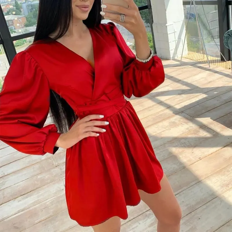 Women Sexy Sashes Satin A Line Mini Dress Deep V Neck Front Cross Lantern Sleeve Drawn Back Casual Dress 2021 New Women Dress