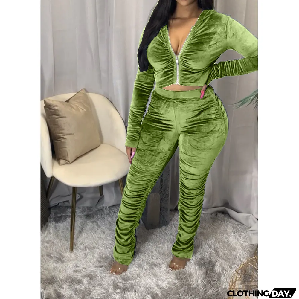 Velvet Pleated Zipper Hooded Jacket Skinny Pants Suit