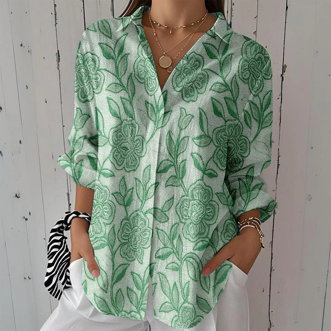 Style & Comfort for Mature Women Women Floral Color, Green DZCL0497 3/4 Sleeve Shirt Collar Printed Button Tops