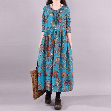 100% Cotton plus Size  Autumn Vintage Printed round Neck Dress