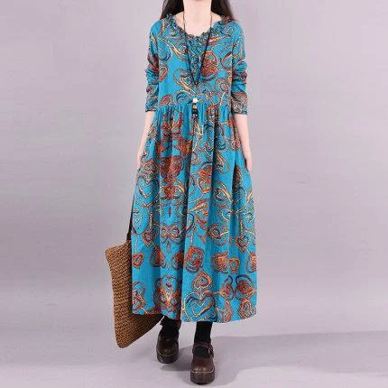 100% Cotton plus Size  Autumn Vintage Printed round Neck Dress