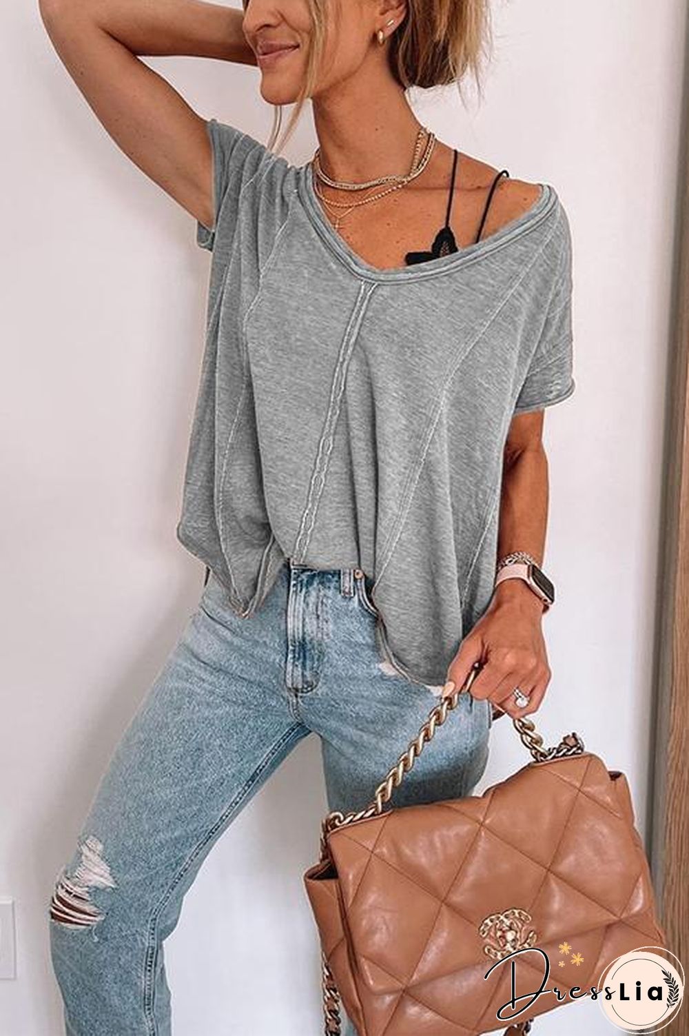Jada V Neck Short Sleeve Solid T Shirt