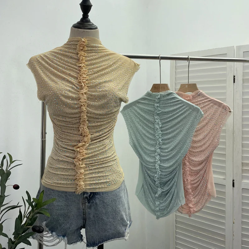 Uveng Drilling Sleeveless Vest Wearing Half-High Neck Net Yarn Slime Folded T-Shirt Blouse Female 2589