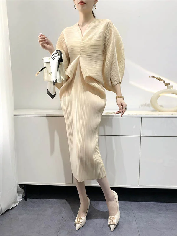 Original Creation Loose Batwing Sleeves Pleated Solid Color V-Neck Midi Dresses