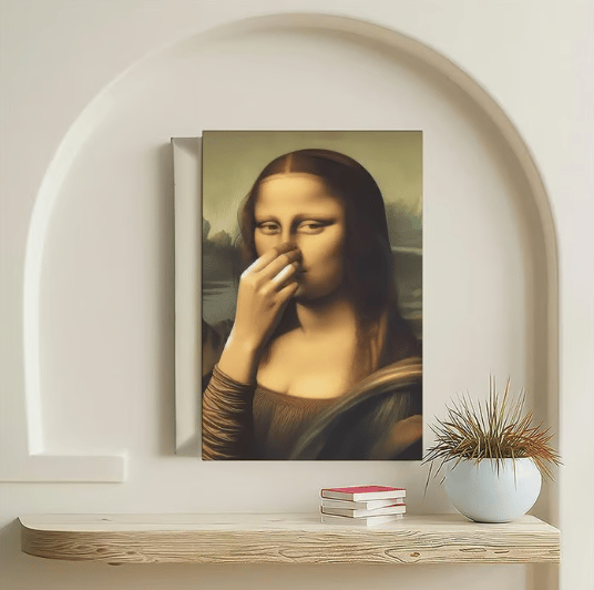 Funny Mona Lisa toilet humor wall decor in a home setting