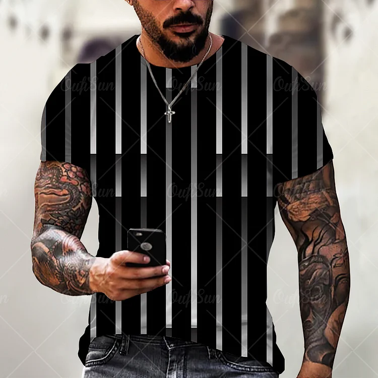 White Line Print Summer Short Sleeves Men's Casual Black T-shirts at Hiphopee