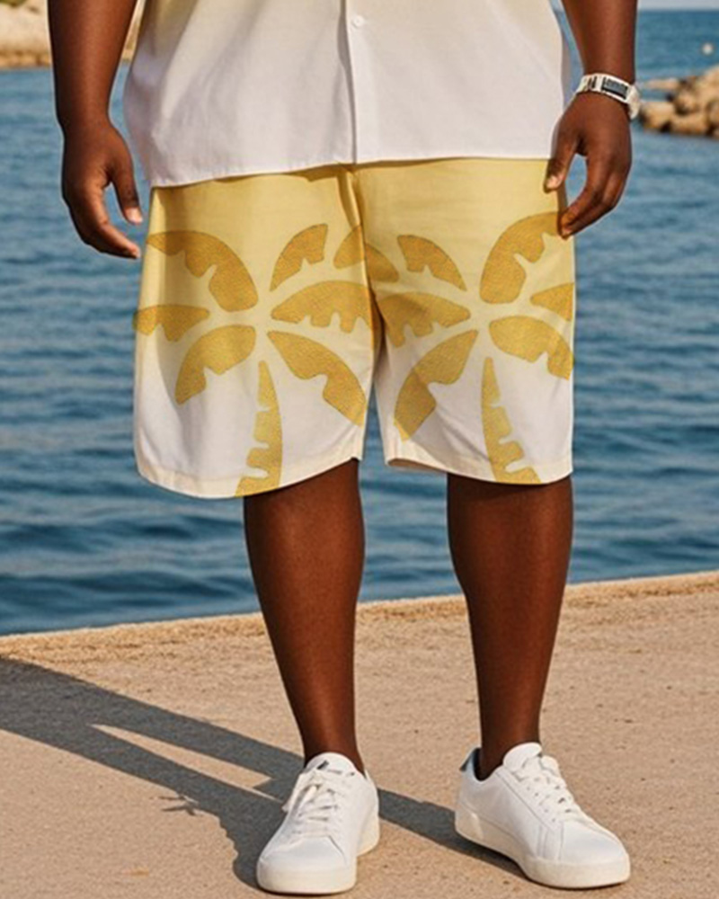Big & Tall Men's Hawaiian Vacation Yellow Gradient Coconut Tree Print Shirt Shorts Suit