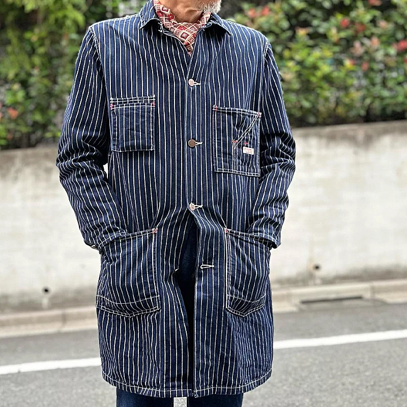 Vintage Striped Denim Mid Length Trench Jacket