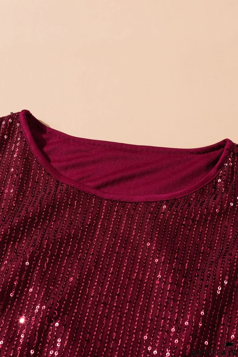 Wine Red Loose Long Sleeve Sequin Dress with Sash