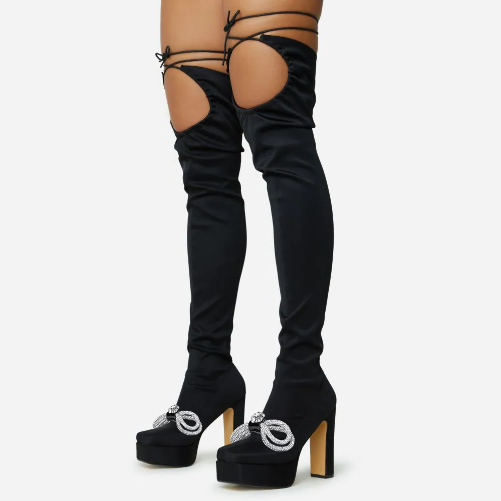 Women Black Square Toe Platform Block Heel Thigh High Boots Nicepairs