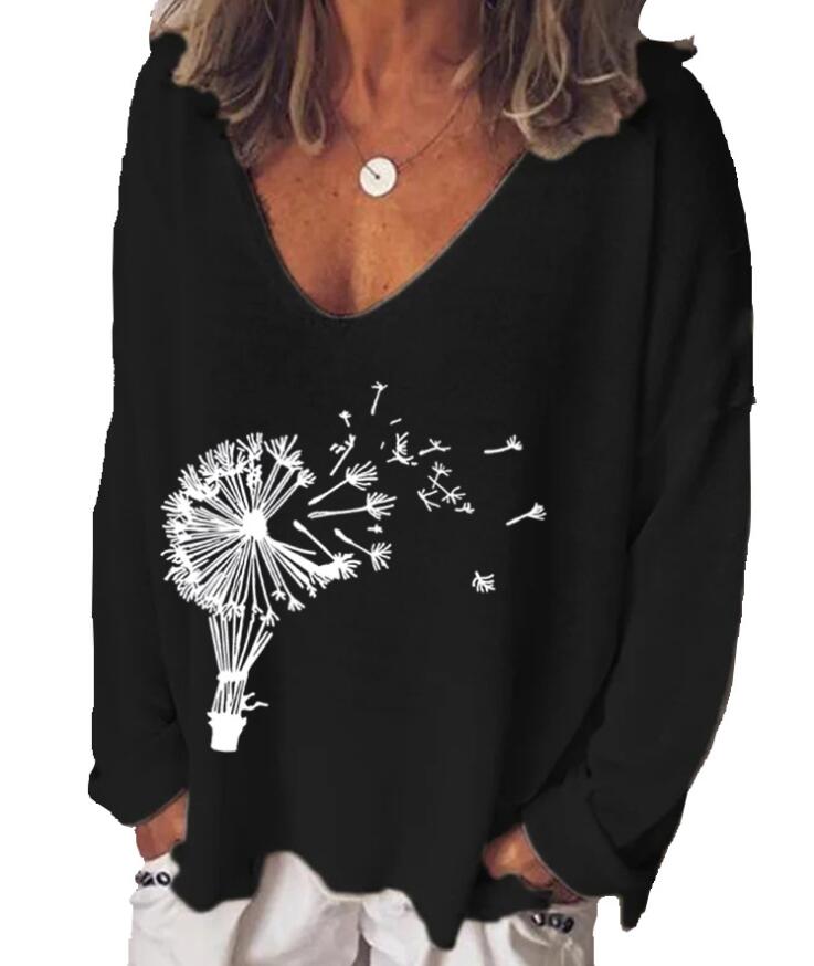 Women T-Shirt Dandelion Printing Summer Autumn Long Sleeve V-neck Casual Plus Size T-shirt Elegant Pullover Tops