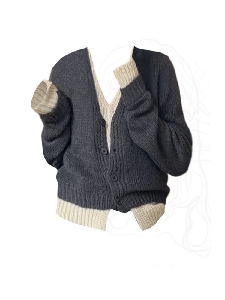 Fashion Sweet Grey Sweater Autumn Women New V-Neck Patchwork Acrylic Top Korean Style Long Sleeve Slim Single Breasted Cardigan