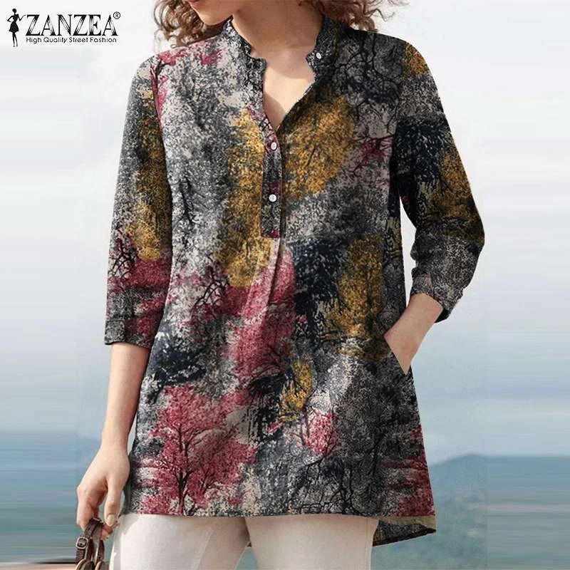 ZANZEA 2022 Autumn Shirt Vintage Women Floral Printed Tunic Tops Casual Loose Blouse Chemise Bohemian 3/4 Sleeve Work Blusas