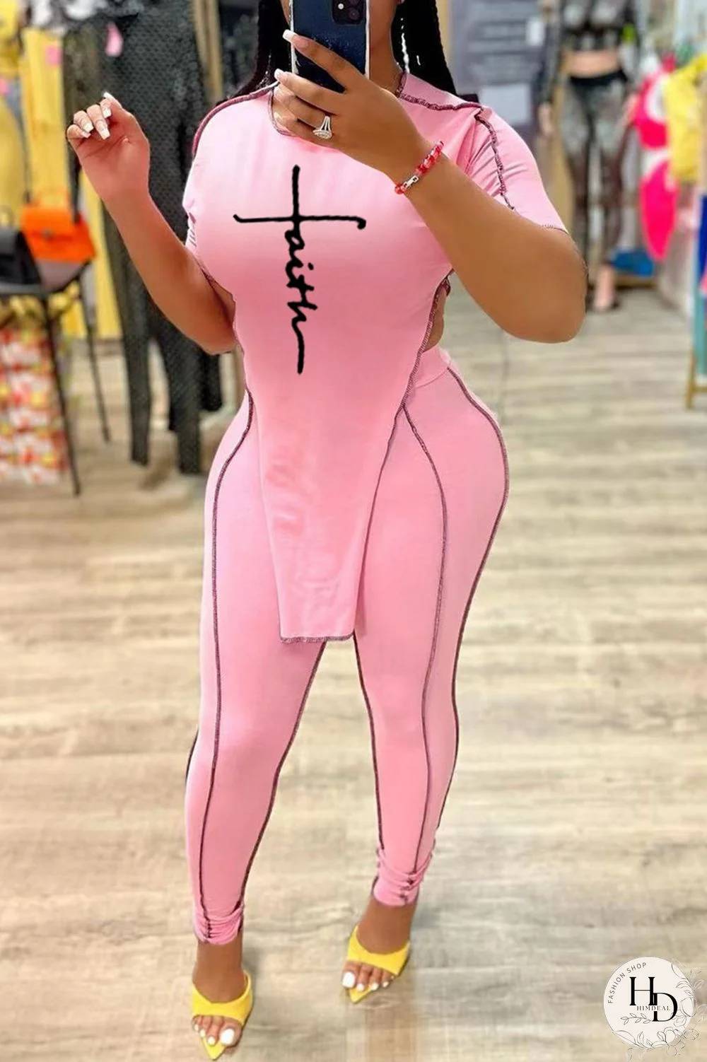 Pink Fashion Casual Print Asymmetrical O Neck Short Sleeve Two Pieces