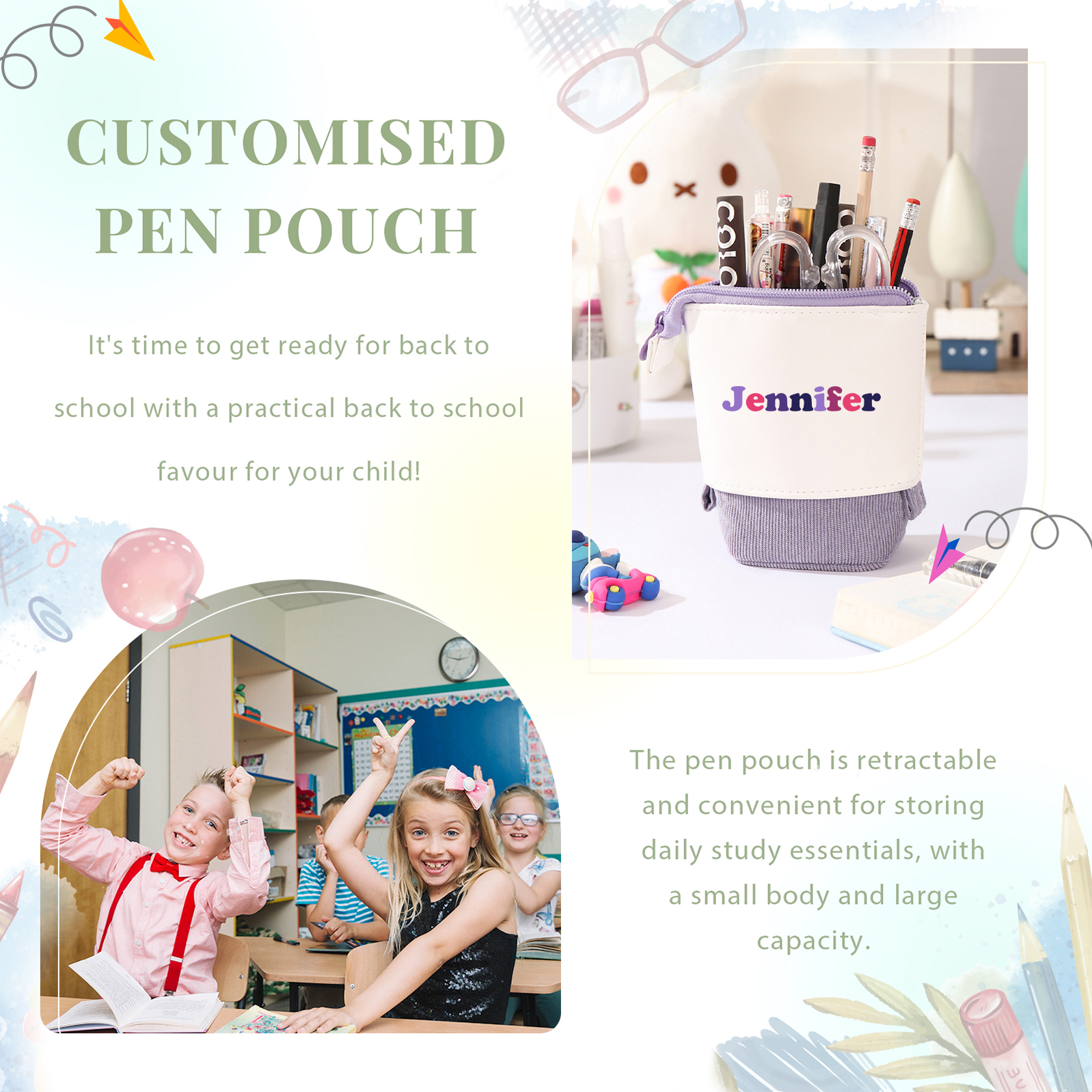 Astuccio per matite personalizzato con 1 nome colorato per scuola elementare bambini