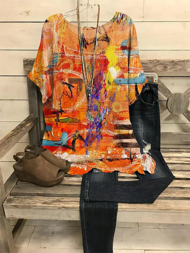 Women's New Casual Art Style Print Round Neck Half-sleeve T-shirt