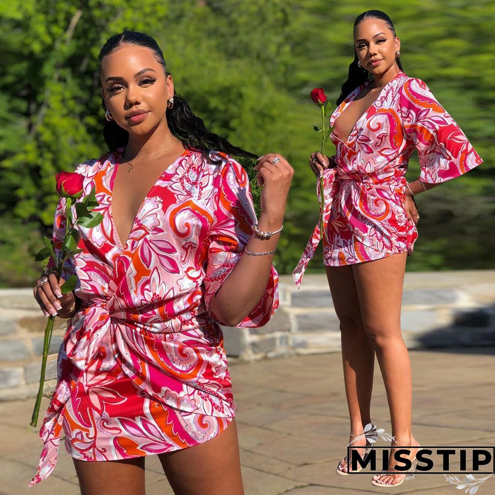 Summer Sexy Women Print Floral Short Sleeve Neck Lace Shirt Line Beach Party Mini Dress ##