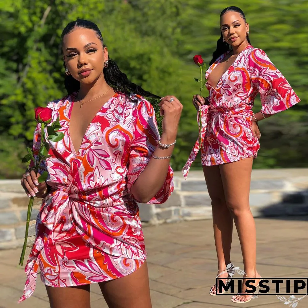 Summer Sexy Women Print Floral Short Sleeve Neck Lace Shirt Line Beach Party Mini Dress ##