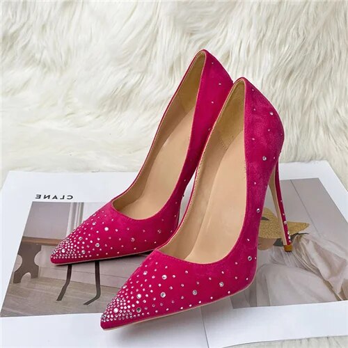 VCshoes Rose Pink Women Rhinestones Pumps Pointed Toe Stiletto Suede 12cm High Heel Wedding Party Shoes Diamond SJ010