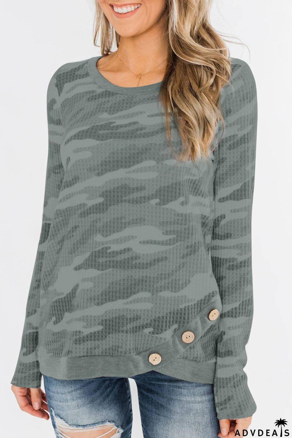 Camo Print Button Waffle Knit Long Sleeve Top